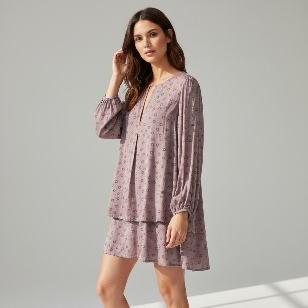 Free People Womens Mauve Purple Floral Keyhole Tiered Tunic Mini Dress Medium